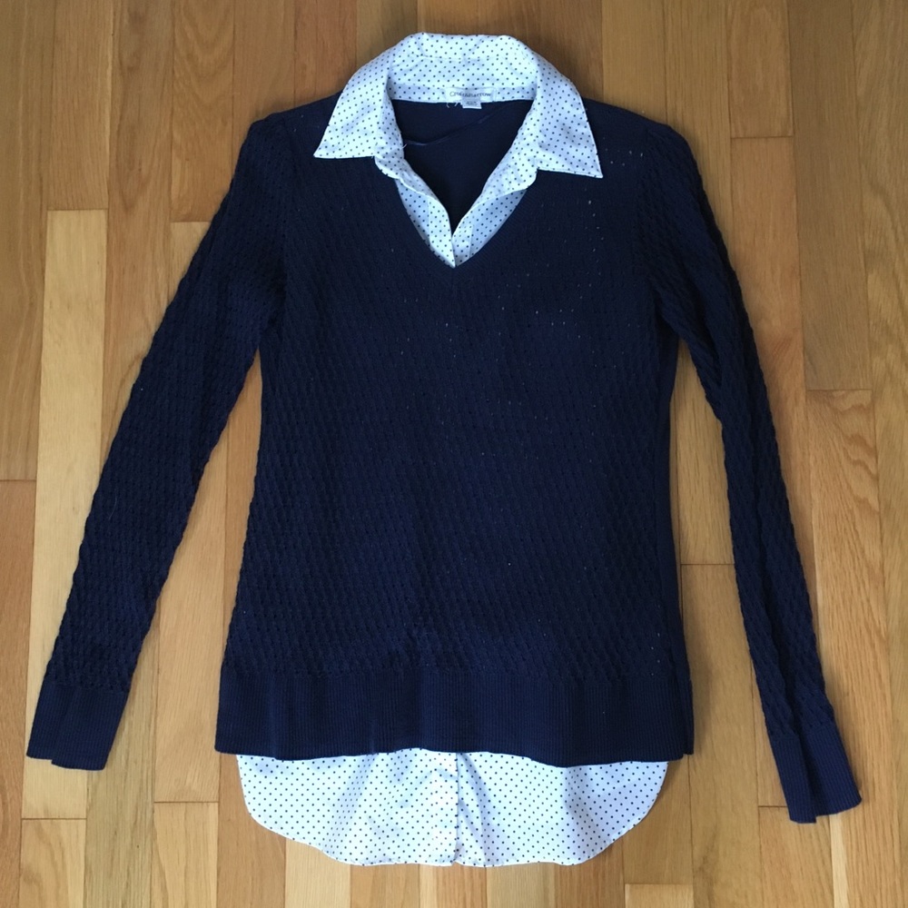 Blue and white polka dot faux sweater shirt